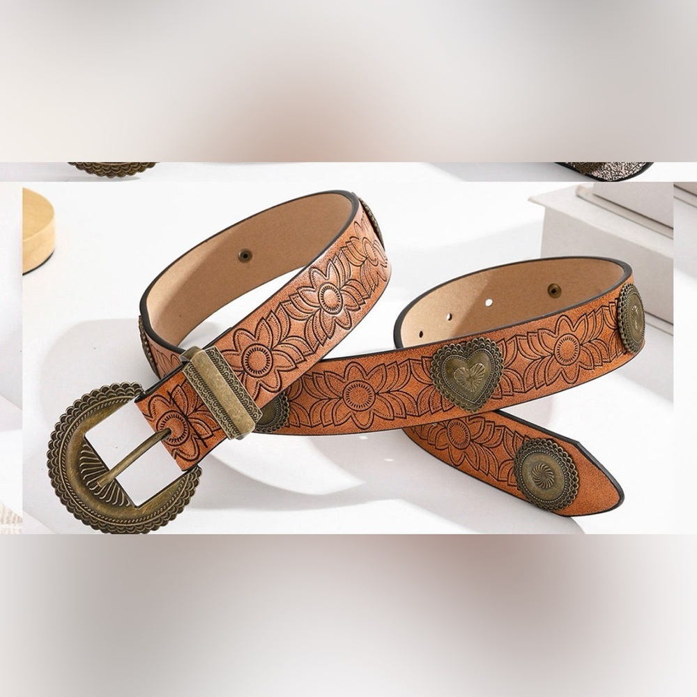 Western Boho Tooled Faux Leather Belt Floral Embossed with Heart Conchos